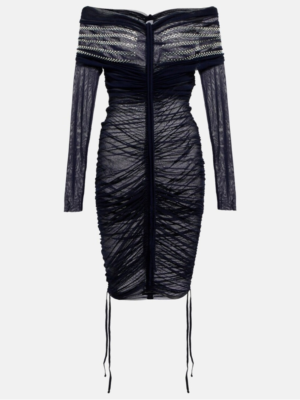 JEAN PAUL GAULTIER Crystal Embellished Mesh Off Shoulder Ruched Dress in Navy - Picture 2 of 13